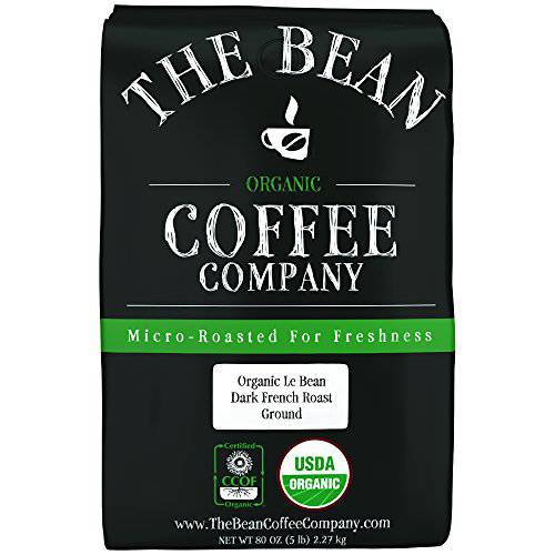 The Bean Coffee Company, Organic Le Bean, Dark French Roast, Ground, 5 Lb, 1 Bag, Certified Organic, Roasted in the USA
