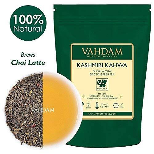 VAHDAM, ​Kashmiri Kahwa Tea Loose Leaf (50 Cups) | 100% NATURAL SPICES | Masala Chai Tea | Green Tea, Cinnamon, Cardamom, Almond, Saffron | Spiced Chai Tea Loose Leaf | Brew Hot or Iced Tea | 3.53oz
