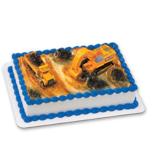 DecoPac Construction Dig Cake Decoration, 2 Piece Cake Topper Set with Dump Truck and Moveable Excavator, Food Safe, Ready to Use For Birthday, Themed Parties, Celebration, Yellow, (11826)