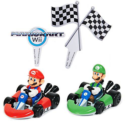 DecoSet® Super Mario Kart Cake Topper, 2-Pc Cake Topper with Race Car Toppers & Checkered Flag Decoration, Collectible Cars for Hours of Fun After the Party