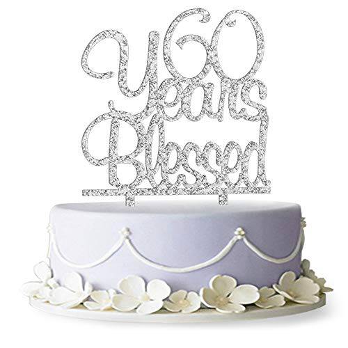60 Years Blessed Cake Topper- 60th Birthday/Anniversary Party Decorations (Silver)
