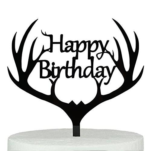 LOVENJOY Gift Boxed Antler Happy Birthday Cake Topper Black, Frosted Acrylic