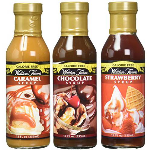 Walden Farms Variety Pack Syrups, 12 oz, 0g Net Carbs Keto Friendly, Non-Dairy, No Gluten, Sugar Free, Sweet and Delicious Flavor for Pancakes, Waffles, French Toast, Strawberry, Chocolate, Caramel