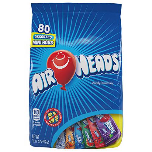 Airheads Candy Mini Bars, Assorted Fruit Flavors, Individually Wrapped, Non Melting, Party, Pantry 80ct Bag, Box of 4 Bags