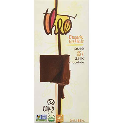 Theo Chocolate Pure Organic Dark Chocolate Bar, 85% Cacao, 12 Pack | Vegan, Fair Trade