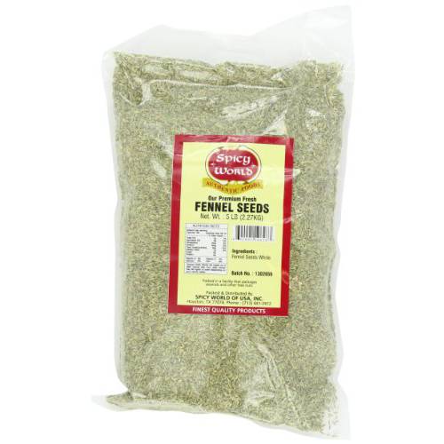 Spicy World Whole Fennel Seeds 5 Pound Bulk - All Natural, Sweet Licorice Flavor and Bright Green Color - Great for Fennel Tea, Snacking, and Cooking