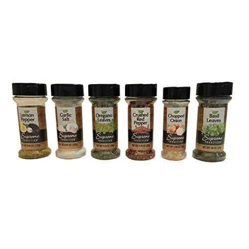 Supreme Spice Starter Set 2 with 6 Essential Spices for Cooking Basics – 6 Piece Spice Gift Set Includes Lemon Pepper, Garlic Salt, Oregano Leaves, Crushed Red Pepper, Chopped Onion and Basil Leaves