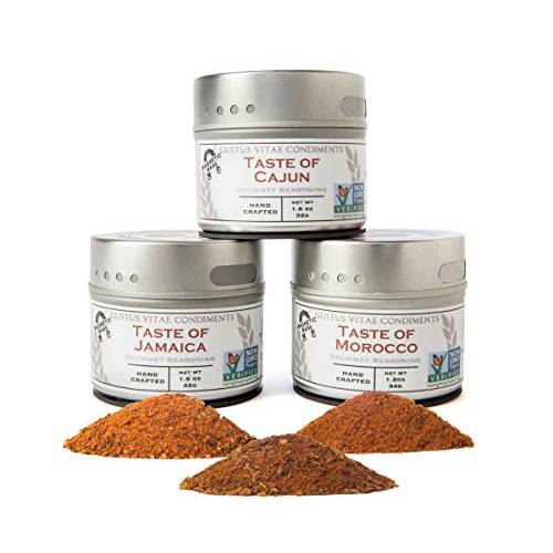 Fiery Flavors Gourmet Seasoning Collection | Non GMO Project Verified | 3 Magnetic Tins | Artisanal Spice Blends | Crafted in Small Batches by Gustus Vitae | 84