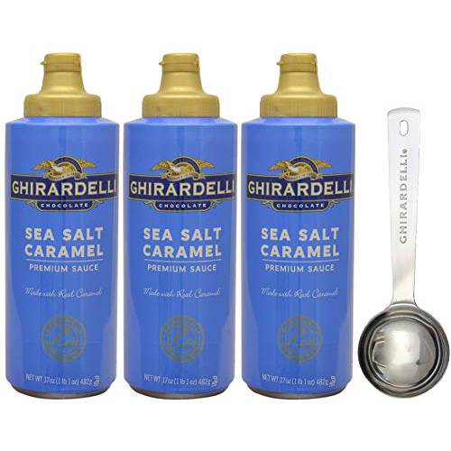 3 Pack - Ghirardelli - Sea Salt Caramel Flavored Sauce - 16 oz Squeeze Bottle with Ghirardelli Stamped Barista Spoon
