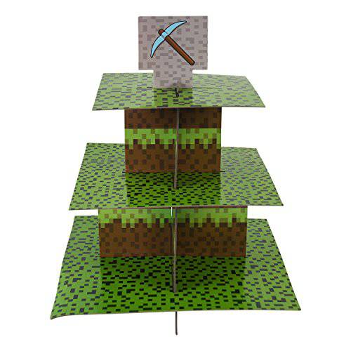 Mining Fun Cupcake Stand and Decorations Pack - 3 Tier Cardboard Cupcake Stand, Mining Birthday Party Decorations, Gamer Birthday Decorations, Pixel Gaming Party Decorations, Blue Orchards