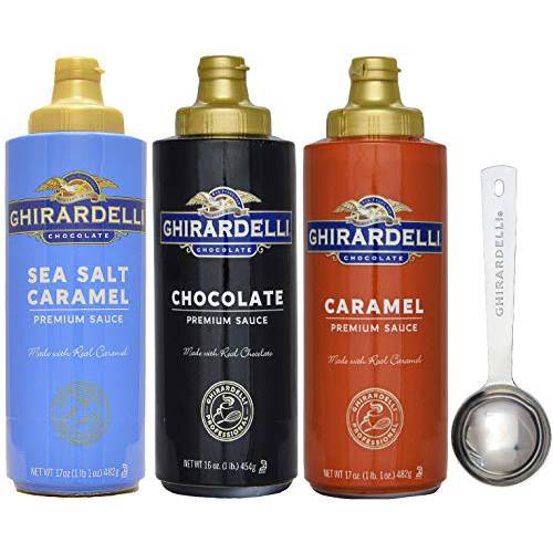 Ghirardelli - Sea Salt Caramel, Chocolate and Caramel Flavored Sauce 16 oz Bottles (Set of 3) with Ghirardelli Stamped Barista Spoon