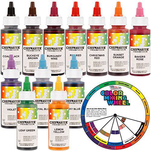 12 Food Color U.S. Cake Supply 2.3-Ounce Liqua-Gel Cake Food Coloring Variety Pack with Color Mixing Wheel - Made in the U.S.A.