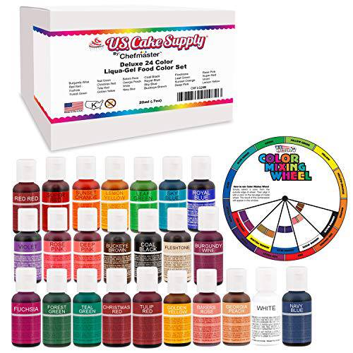 24 Color Cake Food Coloring Liqua-Gel Decorating Baking Primary & Secondary Colors Deluxe Set - U.S. Cake Supply 0.75 fl. oz. (20ml) Bottles - Made in the U.S.A.