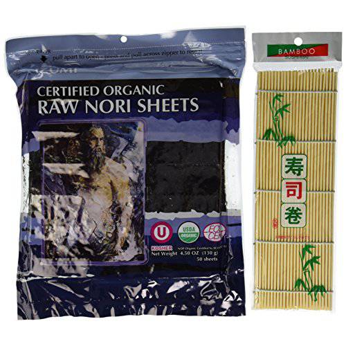 Raw Organic Nori Sheets 50 qty Pack + Free Sushi Roller Mat - Certified Vegan, Raw, Kosher Sushi Wrap Papers - Premium Unheated, Un Cooked, untoasted, dried - RAWFOOD