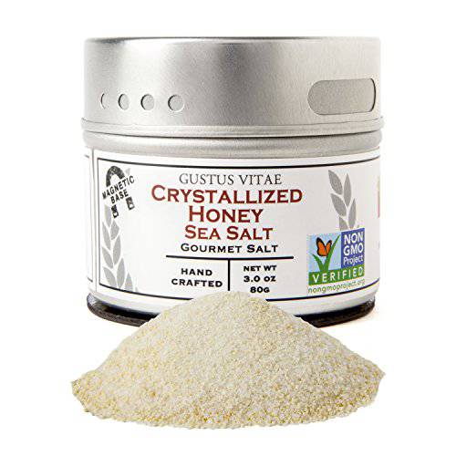 Crystallized Honey Sea Salt | Non GMO Verified | Magnetic Tin | 3.0oz | Finishing Salt | Crafted in Small Batches by Gustus Vitae | 15