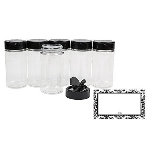 Baire Bottles 8 oz Empty Clear Plastic Spice Jars with Shaker Lids 6 Pk Sifter Shaker Holes Pour Open Sides Sealed for Freshness Liners BPA Free Waterproof Labels USA(Black Flapper Lid, Damask Labels)
