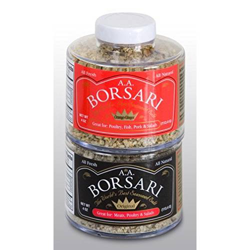 Borsari Seasoned Salt Combo - Multi-Use All Purpose Original and Orange Ginger Seasonings - Gourmet Sea Salt Blends With Herbs and Spices - Gluten Free - Set of 2, 4 oz Shaker Bottles