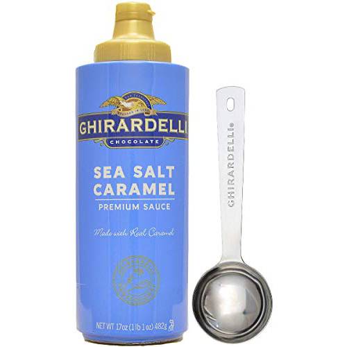 Ghirardelli Sea Salt Caramel Flavored Sauce, 16 Ounce Squeeze Bottle with Ghirardelli Stamped Barista Spoon