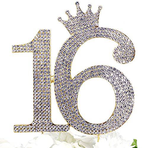 Number 16 Rhinestone Princess Crown Monogram Cake Topper - Sweet 16th Birthday Party (Gold)