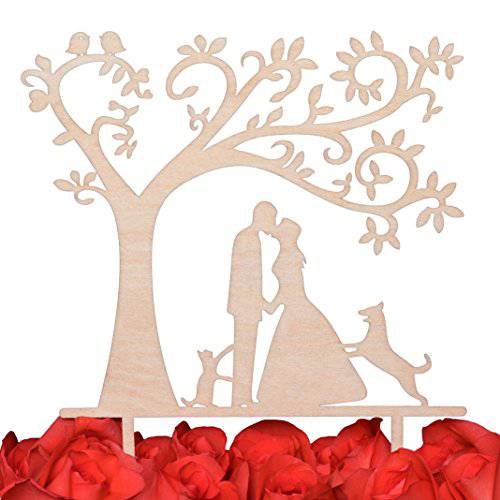 LOVENJOY Gift Boxed Couple Silhouette Cake Topper with Dog and Cat Rustic Wood