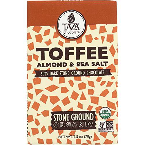 Taza Chocolate Organic Amaze Bar 60% Stone Ground, Toffee Almond Sea Salt, 2.5 Ounce (10 Count), Vegan