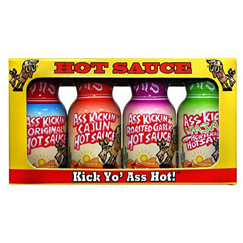 KICKIN’ Premium Hot Sauce Bottles Gourmet Gift Set Travel Size – .75 oz. 4 Pack - Try if you dare – Perfect Gourmet Christmas Gifts for the Hot Sauce Fan