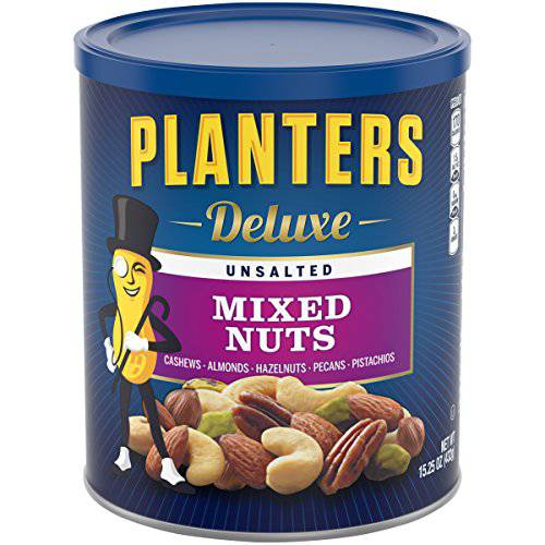 PLANTERS Deluxe Unsalted Mixed Nuts, 15.25 oz. Resealable Container - Variety Unsalted Nuts with Cashews, Almonds, Hazelnuts, Pistachios & Pecans - Shareable Snack for Snacking