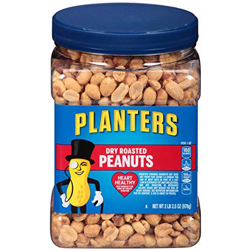PLANTERS Dry Roasted Peanuts, 34.5 oz. Resealable Plastic Jar - Peanuts with Sea Salt - Peanut Snacks - Shareable Snacks - Heart Healthy Snacks for Adults - Great School Snack or Work Snack - Kosher