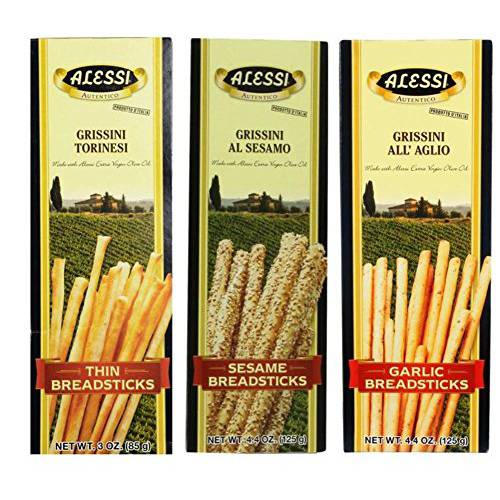 Alessi Autentico - Italian Crispy Breadsticks, Low Fat Made with Extra Virgin Olive Oil, 3-4.4oz (Variety, 6 Pack)