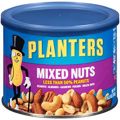 PLANTERS Mixed Nuts, 10.3 oz Canister - Peanuts, Almonds, Cashews, Hazelnuts & Pecans Roasted in Peanut Oil - Game Day Snacks, Movie Snacks & After School Snacks - Resealable Lid - Kosher