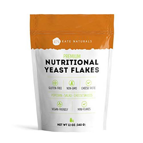 Nutritional Yeast Flakes (12oz - 21 Servings) - Kate Naturals. Delicious Yeast Nutrient Fortified Nooch - Vegan Cheese Powder Substitute & Vegan Seasoning. Gluten-Free, Non-GMO, Amino Acids.