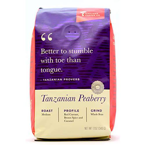 Civilized Coffee Tanzanian Peaberry Whole Bean Medium Roast Coffee, Gourmet Coffee 12oz bag (Tanzania Peaberry)
