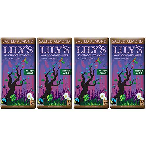 Salted Almond Milk Chocolate Style Bar by Lily’s | Made with Stevia, No Added Sugar, Low-Carb, Keto Friendly | 40% Cocoa | Fair Trade, Gluten-Free & Non-GMO Ingredients | 3 ounce, 4-Pack