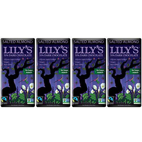 Salted Almond Dark Chocolate Bar by Lily’s | Made with Stevia, No Added Sugar, Low-Carb, Keto Friendly | 70% Cocoa | Fair Trade, Gluten-Free & Non-GMO | 2.8 ounce, 4-Pack
