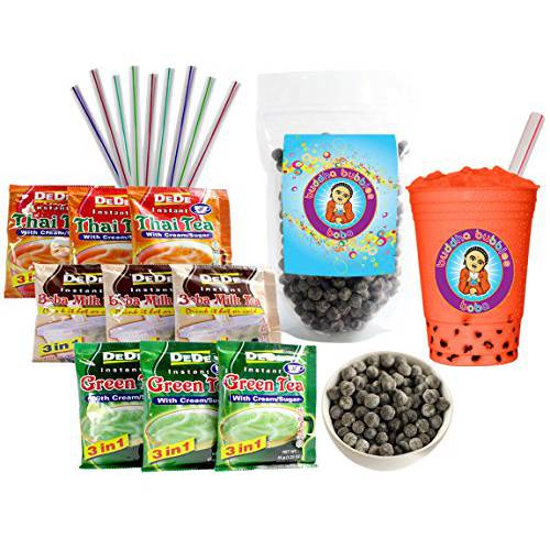 DeDe Instant Boba Tea Kit 9 Drink Packets, Straws & Boba Thai, Milk & Green Tea Latte by Buddha Bubbles Boba