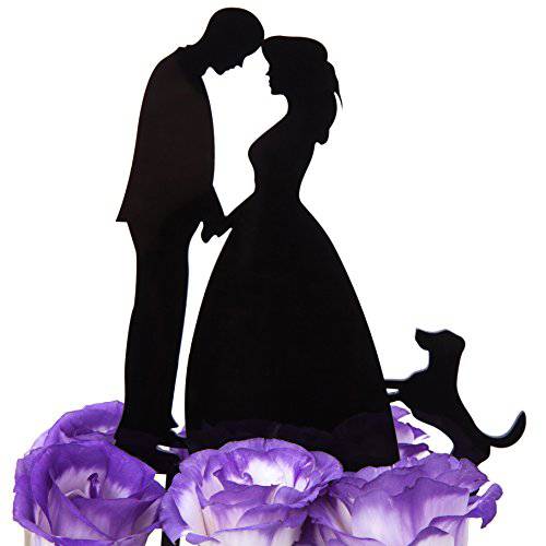 LOVENJOY Wedding Anniversary Cake Topper Bride and Groom with a Dog in Gift Box, Black