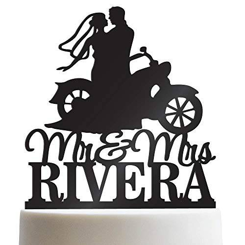 Bride & Groom Riding A Motorcycle Chopper HD Bike Mr Mrs Biker Personalized Wedding Cake Topper Customized Last Name | Solid Color Cake Toppers