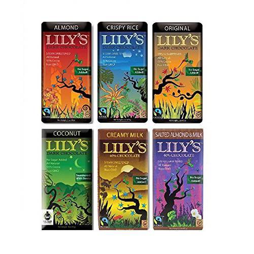 Lily’s Chocolate Variety 6 Pack | Made with Stevia, No Added Sugar, Low- Carb, Keto Friendly | 6 Flavors, 1 Bar each | Sampler, Gift Set