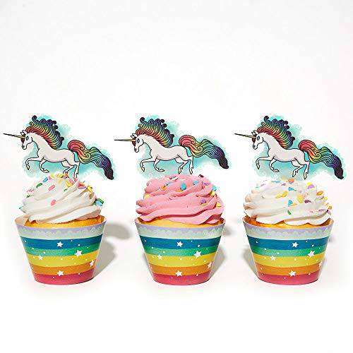 Unicorn Cupcake Decorations (48 Pcs) - Cute Party Picks & Shower Decorations - Set of 24 Pieces Cupcake Topper Plus 24 Pieces Cupcake Wrapper