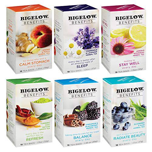 Bigelow Benefits Wellness Teas Variety Pack, Mixed Caffeinated Green Matcha & Caffeine-Free Herbal Tea, 18 Count (Pack of 6), 108 Total Tea Bags (Packaging May Vary)