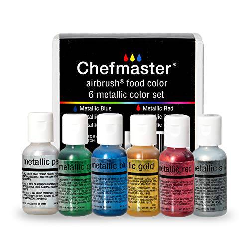 Chefmaster - Metallic Airbrush Kit - Airbrush Food Coloring - 6 Pack - Vibrant and Fade-Resistant Sheen - Works With Any Airbrush Tool to Achieve Amazing Effects and Designs - Made in the USA