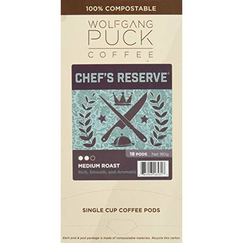 Wolfgang Puck Coffee, Chef’s Reserve, Medium Roast, 9.5 Gram Soft Pods, 18 Count (Pack of 1)
