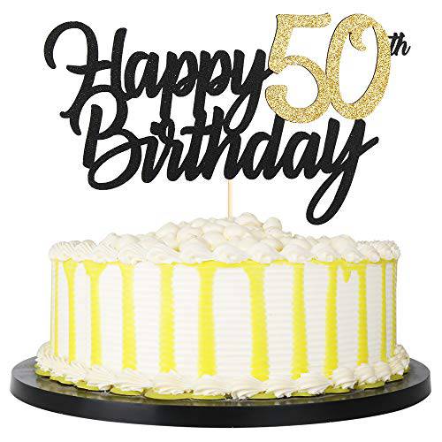 PALASASA Black Gold Glitter Happy Birthday cake topper - 50 Anniversary/Birthday Cake Topper Party Decoration (50th)