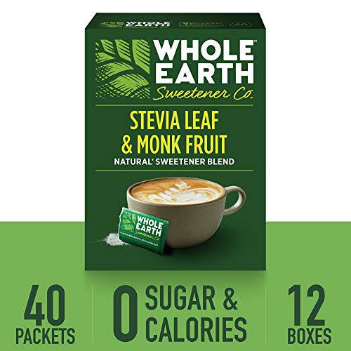 Whole Earth Sweetener Co. Stevia & Monk Fruit Sweetener, Erythritol Sweetener, Sweet Leaf Stevia Packets, Sugar Substitute, Natural Sweetener, 40 Count, Pack of 12