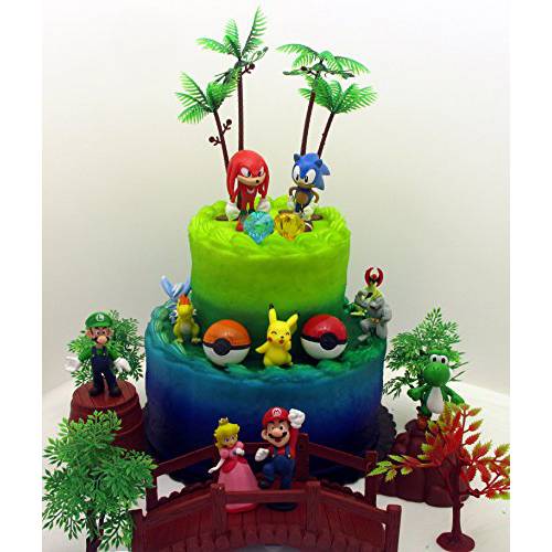 Video Gaming Themed Birthday Cake Topper Set Featuring Random SONIC Figures and Random MARIO BROTHERS Figures and Other Iconic Gaming Characters