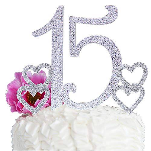 Brand Deluxe Quinceanera 15 Numbers Cake Topper in Rhinestones Crystal Hearts Cake Pick Set