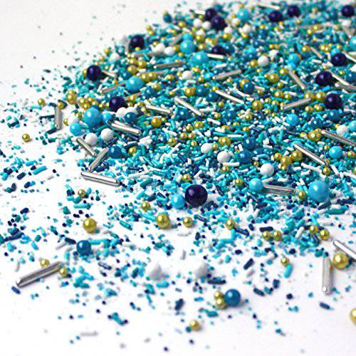 Sea Glass Sprinkles Mix| Father’s Day Boy Summer Ocean Beach Cake Cupcake Cookie Sprinkles| Ice Cream Candy Sprinkles| Navy Blue Teal White Edible Gold Metallics Colorful Sprinkles, 2oz