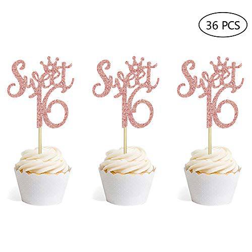 36 PCS Rose Gold Glitter Sweet 16 Cupcake Toppers 16th Birthday Cupcake Picks Anniversary Party Decorations