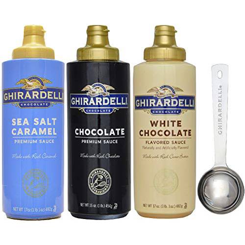 Ghirardelli Sea Salt Caramel, Chocolate and White Chocolate Flavored Sauce, 16 oz Squeeze Bottles (Pack of 3) with Ghirardelli Stamped Barista Spoon