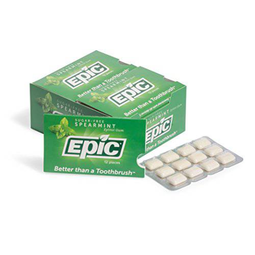 Epic Xylitol Chewing Gum - Sugar Free & Aspartame Free Chewing Gum Sweetened w/ Xylitol for Dry Mouth & Gum Health (Spearmint, 12-Piece Pack, 12 Packs)